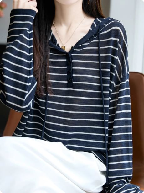 Striped Drawstring Knit Hoodie