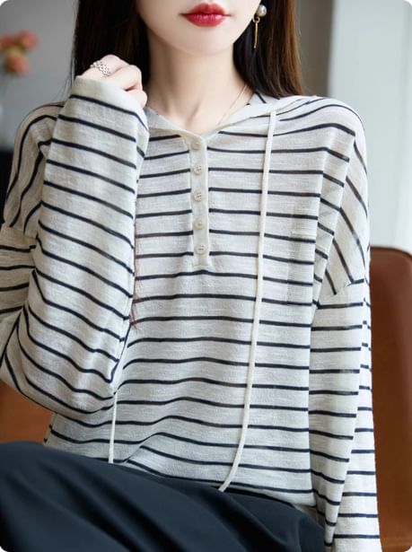 Striped Drawstring Knit Hoodie