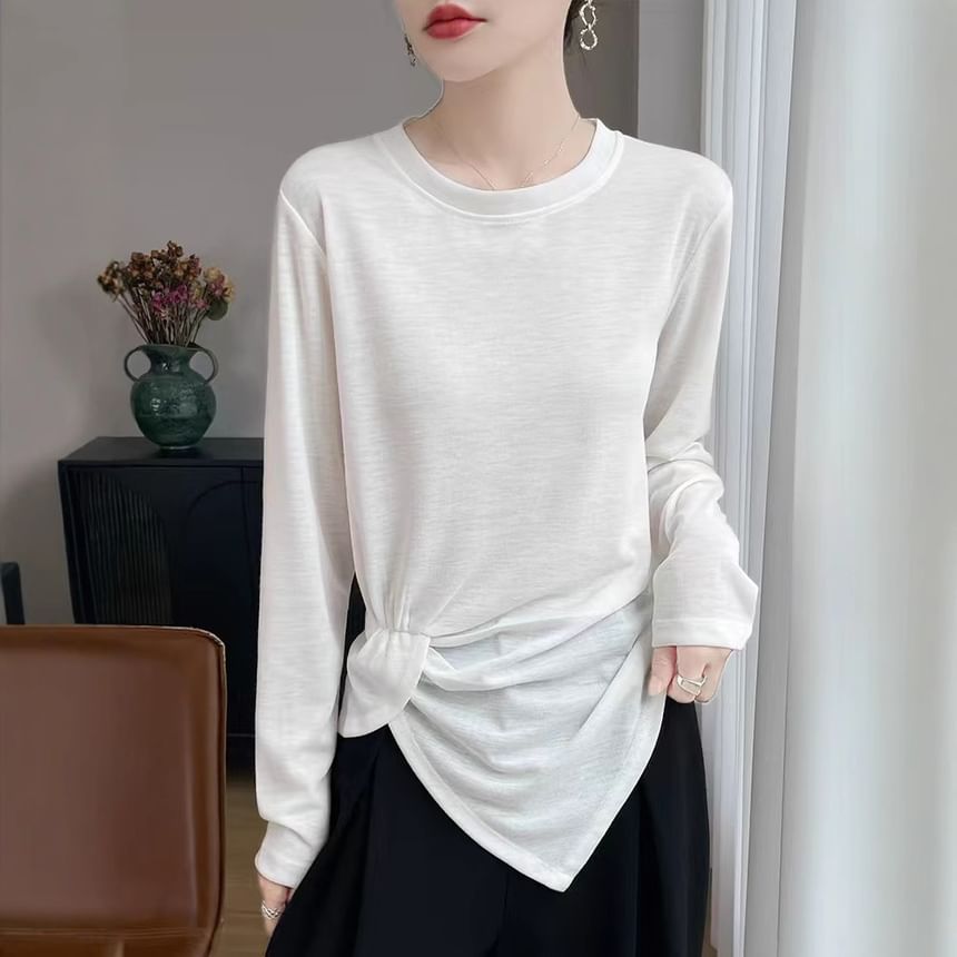 Long-Sleeve Crew Neck Plain Asymmetrical Ruched T-Shirt