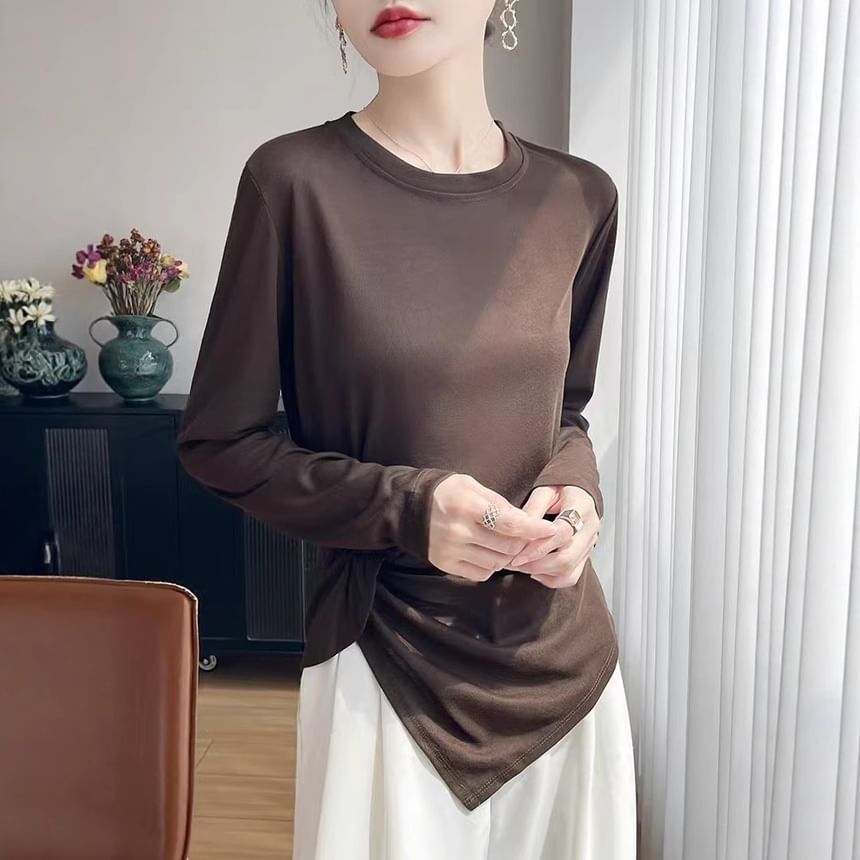 Long-Sleeve Crew Neck Plain Asymmetrical Ruched T-Shirt