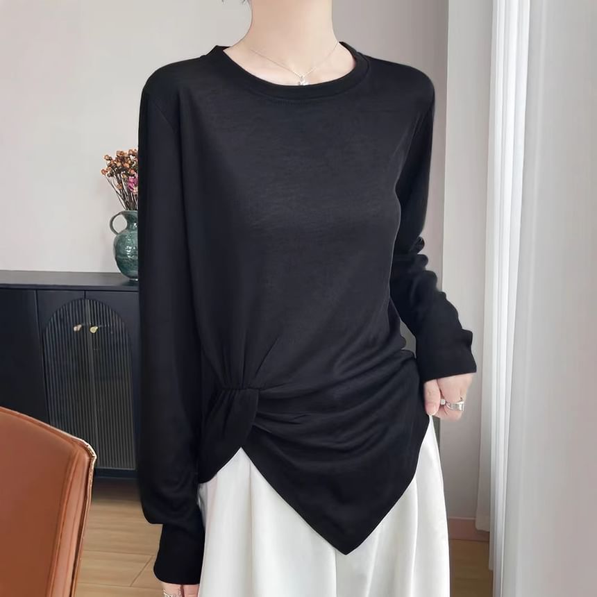 Long-Sleeve Crew Neck Plain Asymmetrical Ruched T-Shirt