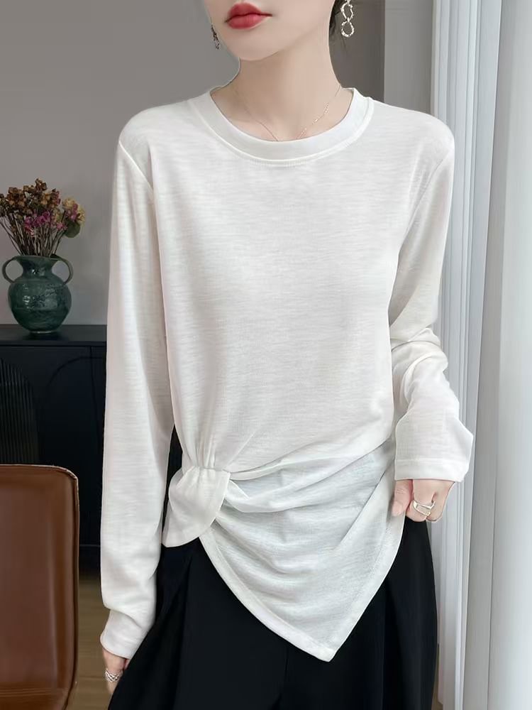 Long-Sleeve Crew Neck Plain Asymmetrical Ruched T-Shirt