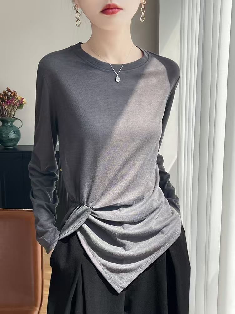 Long-Sleeve Crew Neck Plain Asymmetrical Ruched T-Shirt