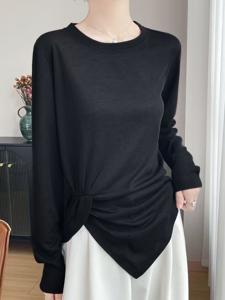 Long-Sleeve Crew Neck Plain Asymmetrical Ruched T-Shirt