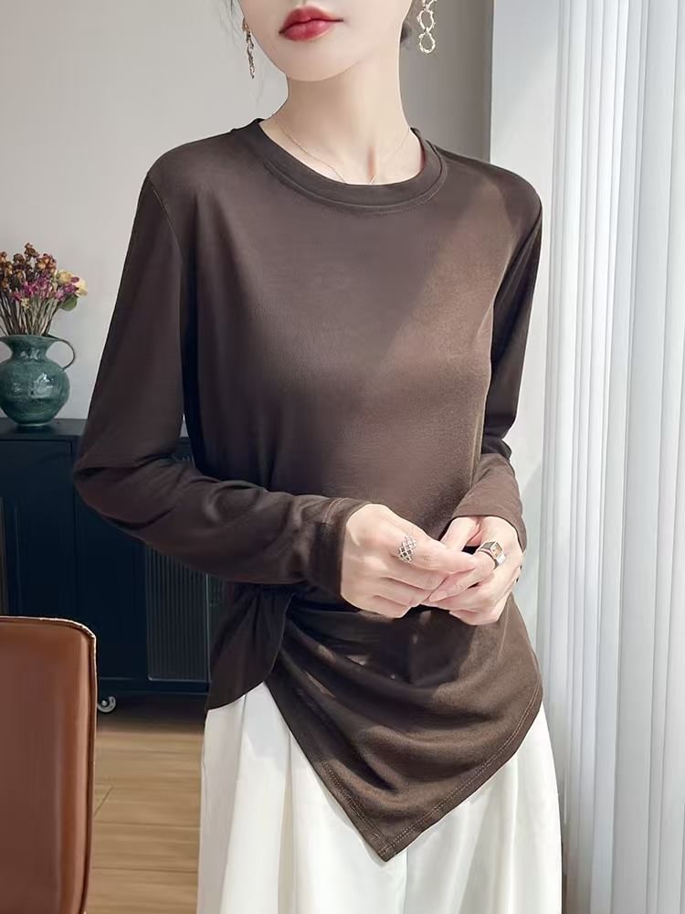 Long-Sleeve Crew Neck Plain Asymmetrical Ruched T-Shirt