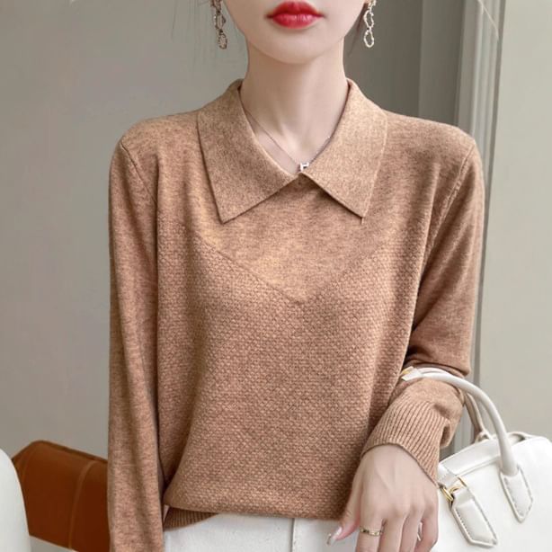 Long-Sleeve Collared Plain Knit Top