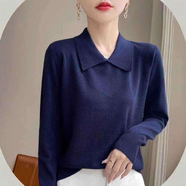 Long-Sleeve Collared Plain Knit Top