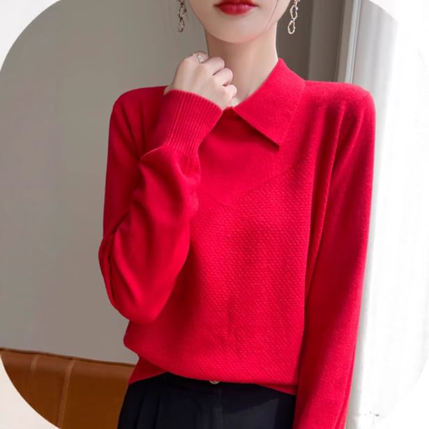 Long-Sleeve Collared Plain Knit Top