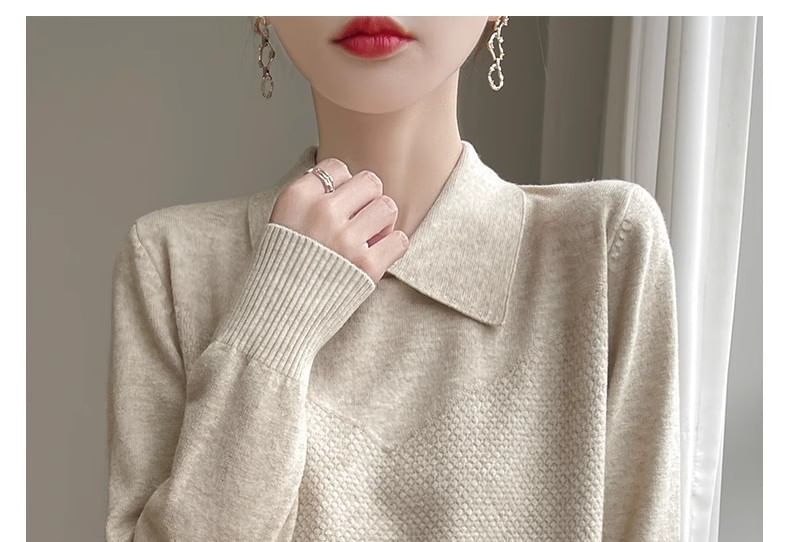 Long-Sleeve Collared Plain Knit Top
