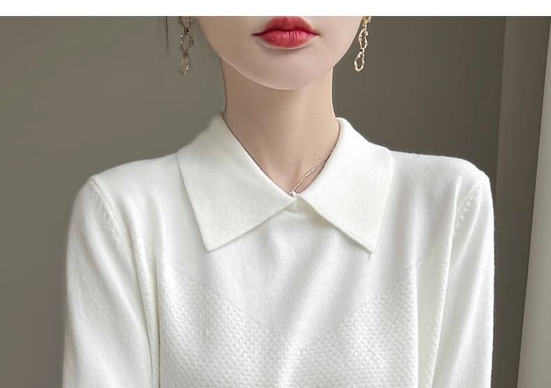 Long-Sleeve Collared Plain Knit Top