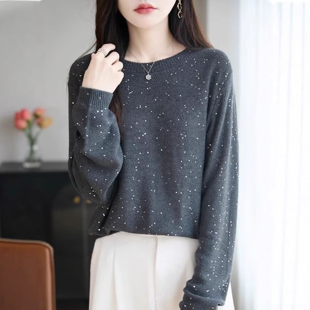 Long-Sleeve Crew Neck Sequin Sweater