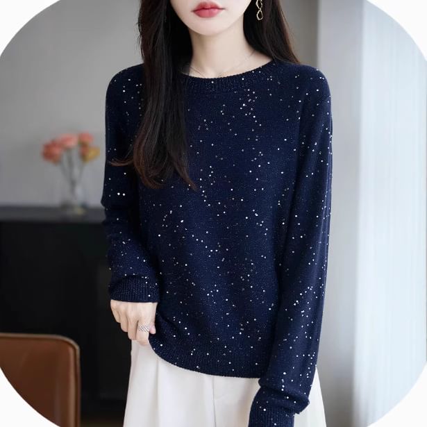 Long-Sleeve Crew Neck Sequin Sweater