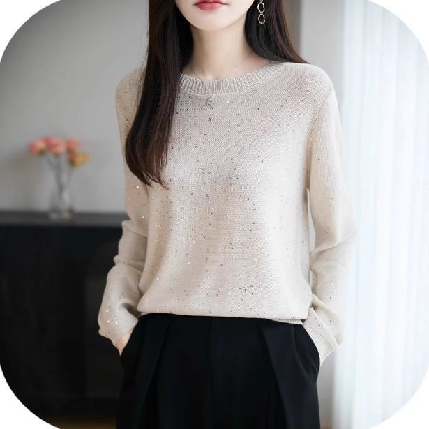 Long-Sleeve Crew Neck Sequin Sweater