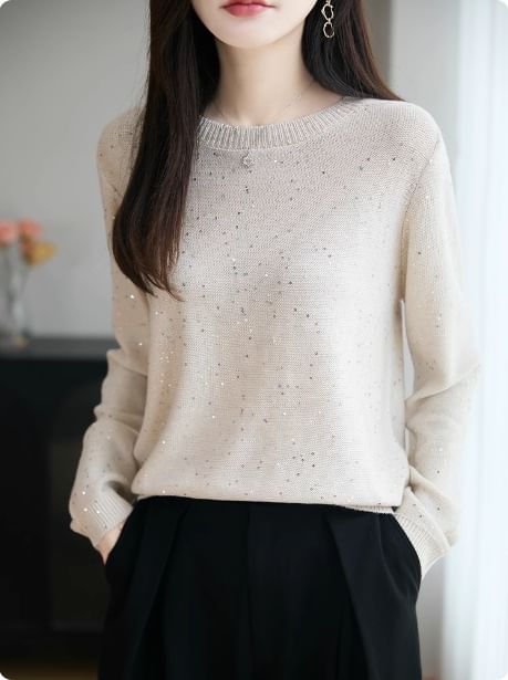 Long-Sleeve Crew Neck Sequin Sweater