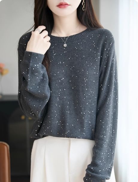 Long-Sleeve Crew Neck Sequin Sweater