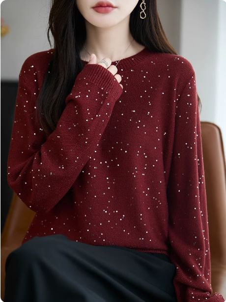 Long-Sleeve Crew Neck Sequin Sweater