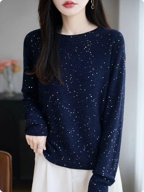 Long-Sleeve Crew Neck Sequin Sweater