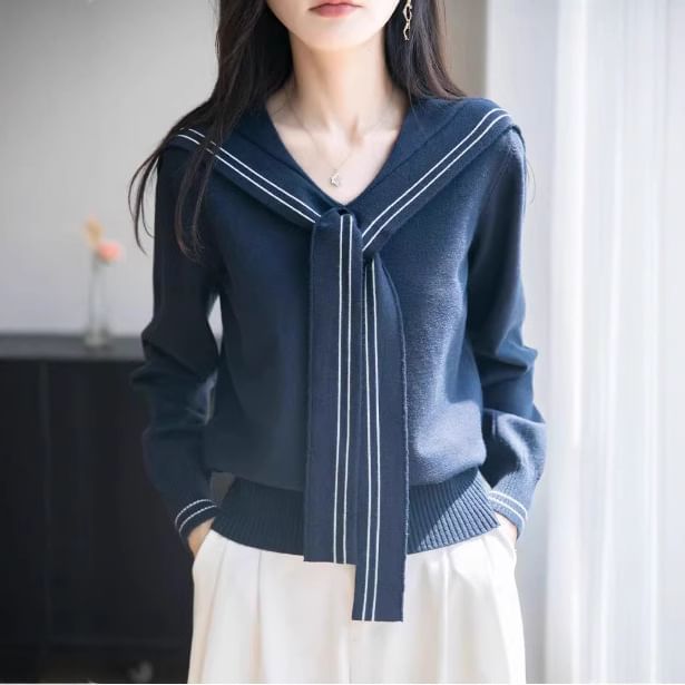 Sailor Collar Striped Trim Sweater