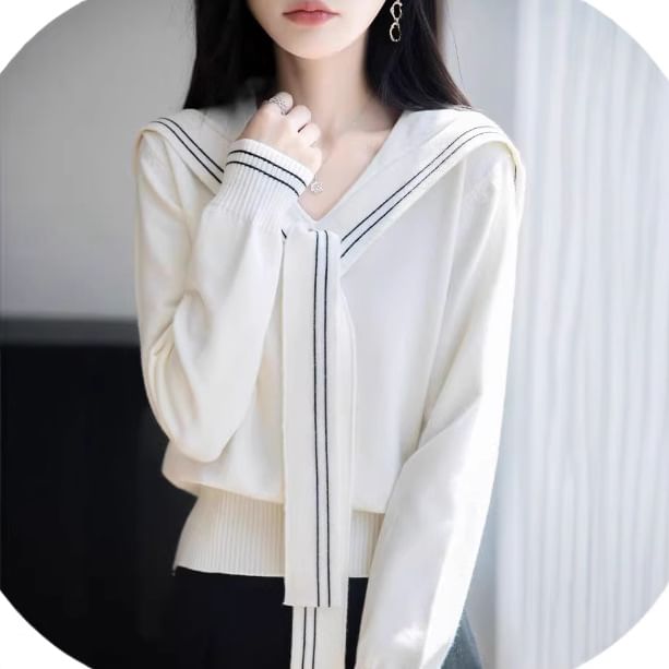 Sailor Collar Striped Trim Sweater