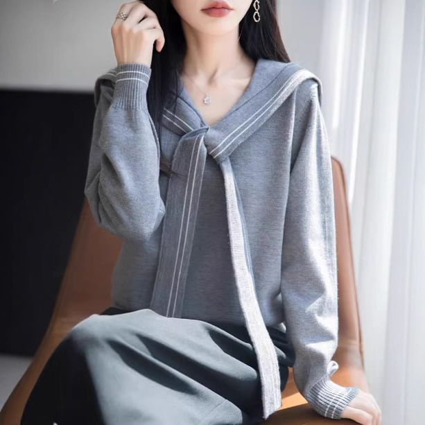 Sailor Collar Striped Trim Sweater