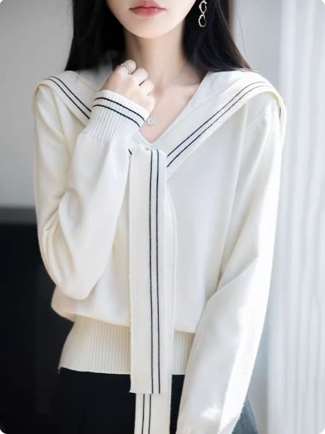 Sailor Collar Striped Trim Sweater