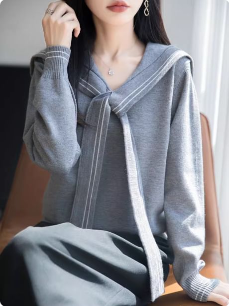 Sailor Collar Striped Trim Sweater