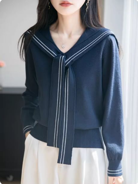 Sailor Collar Striped Trim Sweater