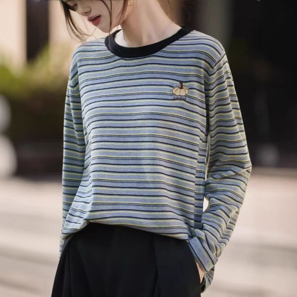 Long-Sleeve Round Neck Striped Embroidered Contrast Trim Knit Top