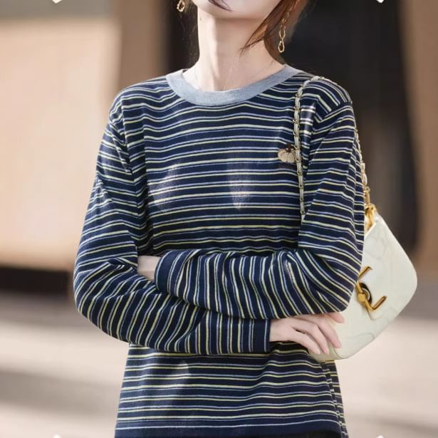 Long-Sleeve Round Neck Striped Embroidered Contrast Trim Knit Top