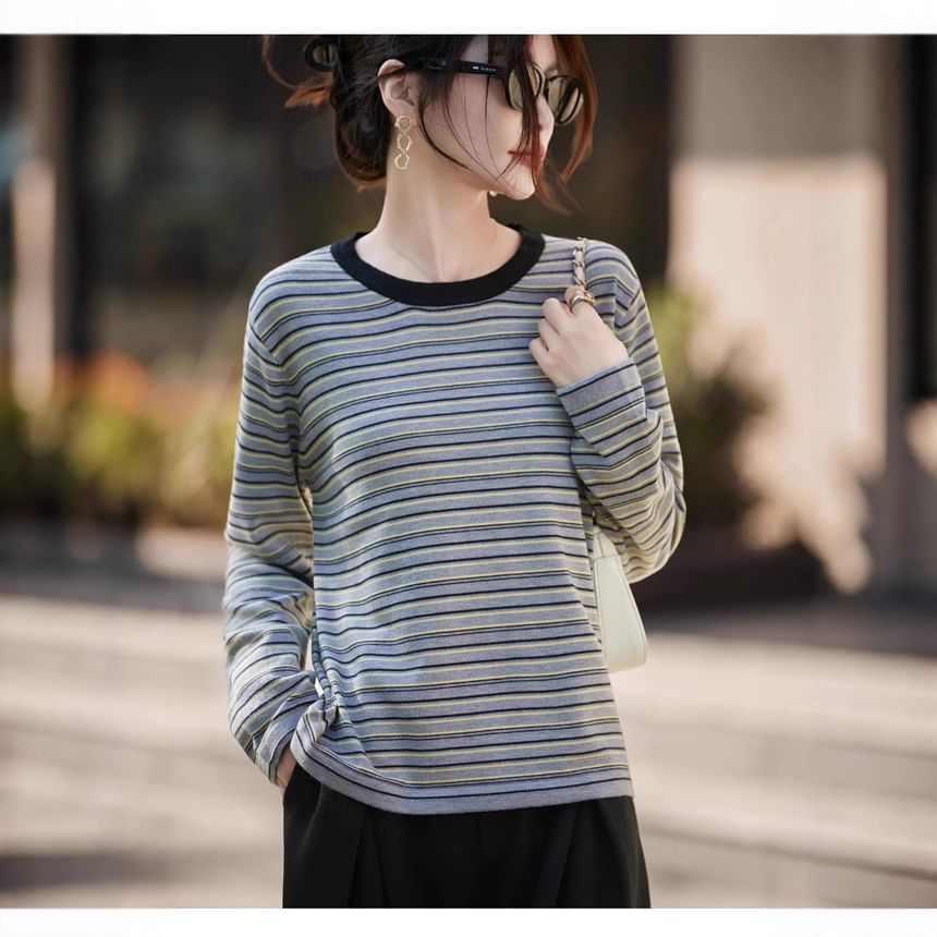 Long-Sleeve Round Neck Striped Embroidered Contrast Trim Knit Top