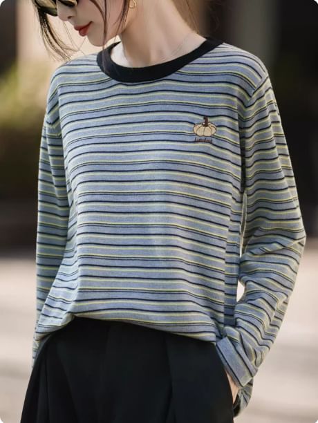 Long-Sleeve Round Neck Striped Embroidered Contrast Trim Knit Top