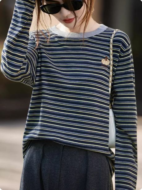Long-Sleeve Round Neck Striped Embroidered Contrast Trim Knit Top