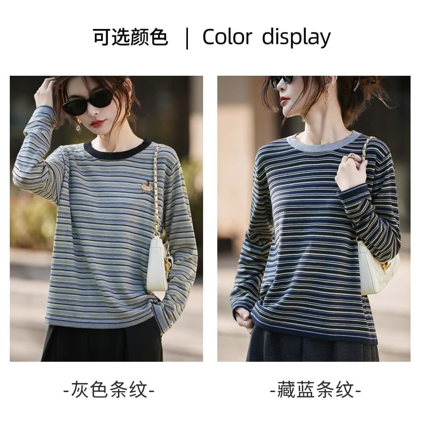 Long-Sleeve Round Neck Striped Embroidered Contrast Trim Knit Top