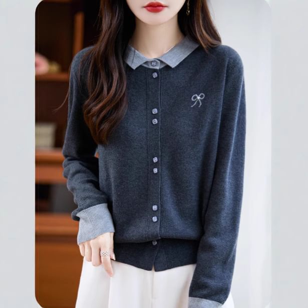 Contrast Collar Bow Print Button-Up Cardigan