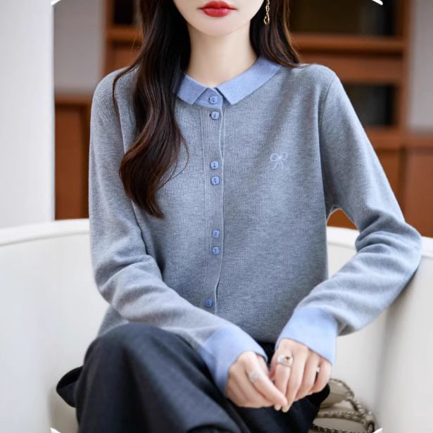 Contrast Collar Bow Print Button-Up Cardigan