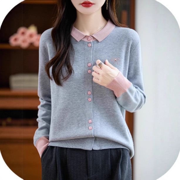 Contrast Collar Bow Print Button-Up Cardigan