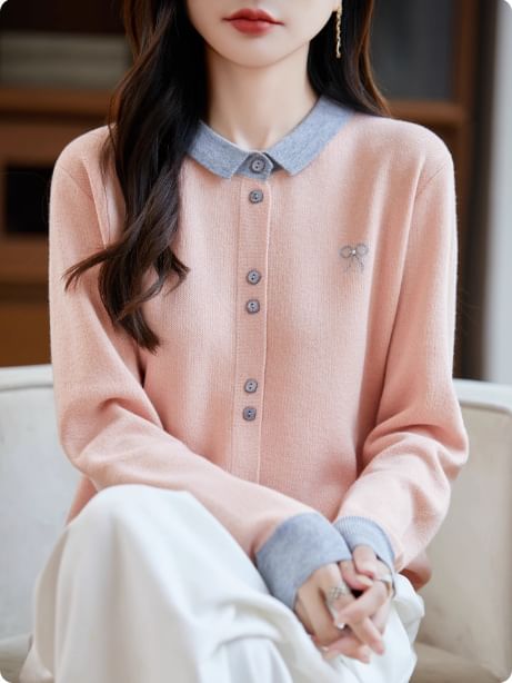 Contrast Collar Bow Print Button-Up Cardigan