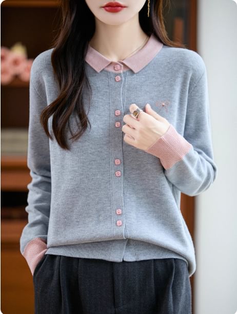 Contrast Collar Bow Print Button-Up Cardigan