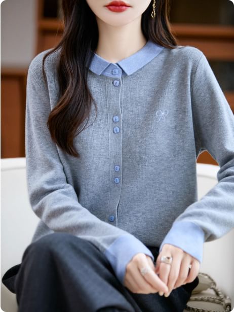 Contrast Collar Bow Print Button-Up Cardigan