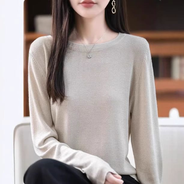 Long-Sleeve Round Neck Glitter Knit Top