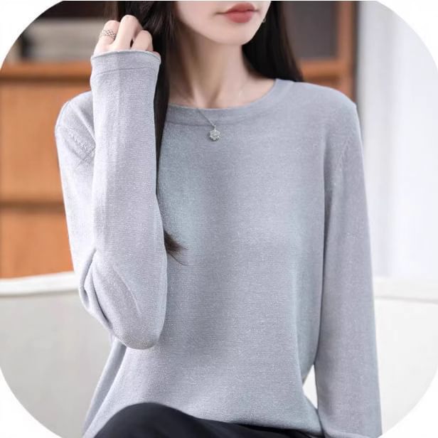 Long-Sleeve Round Neck Glitter Knit Top