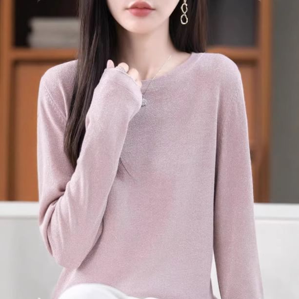 Long-Sleeve Round Neck Glitter Knit Top