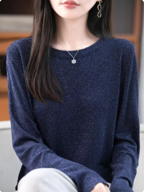 Long-Sleeve Round Neck Glitter Knit Top