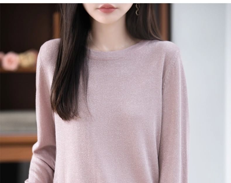 Long-Sleeve Round Neck Glitter Knit Top