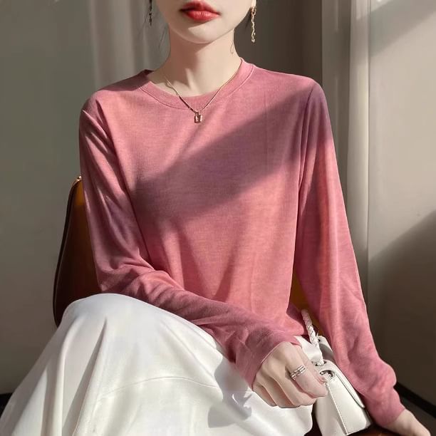 Long-Sleeve Round Neck Plain Knit Top