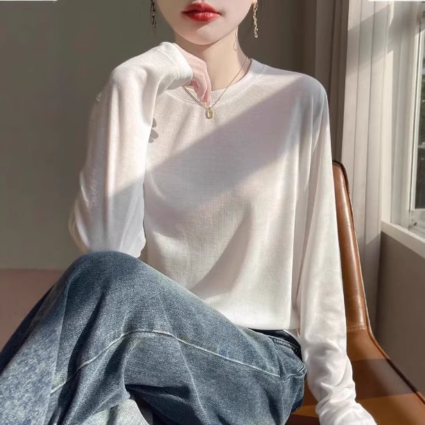 Long-Sleeve Round Neck Plain Knit Top