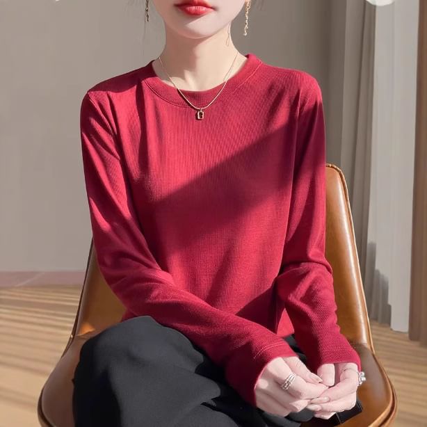 Long-Sleeve Round Neck Plain Knit Top