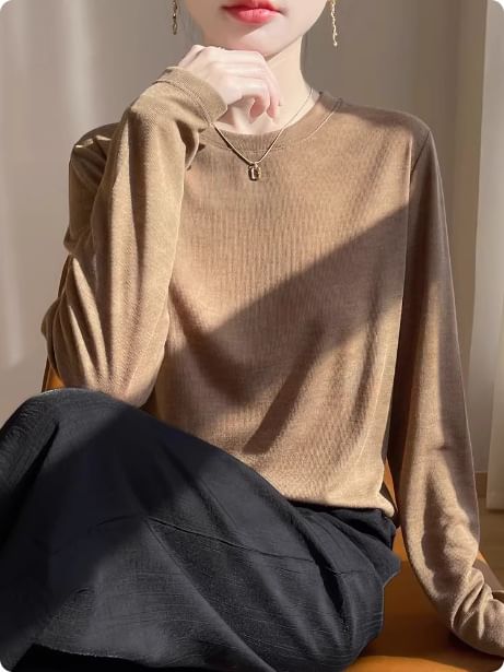 Long-Sleeve Round Neck Plain Knit Top