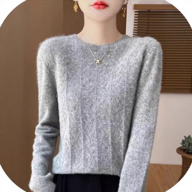 Long-Sleeve Crew Neck Plain Jacquard Knit Top
