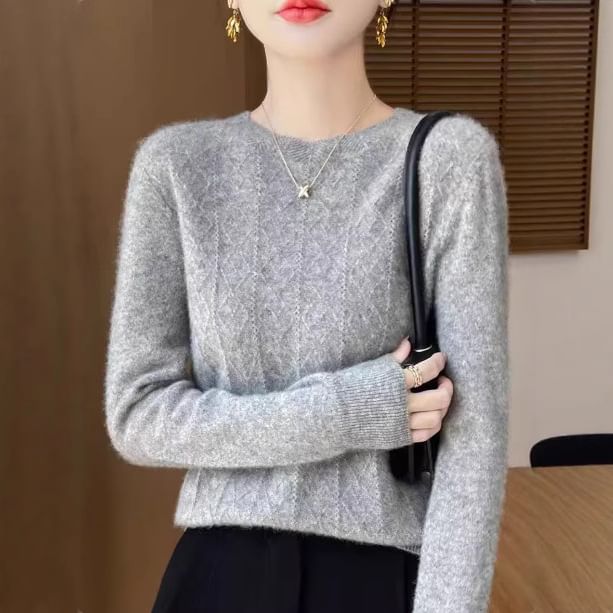 Long-Sleeve Crew Neck Plain Jacquard Knit Top